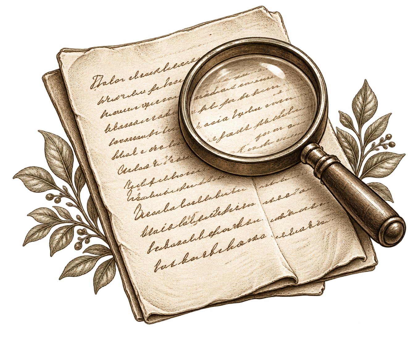 Documento histórico examinado por uma lupa