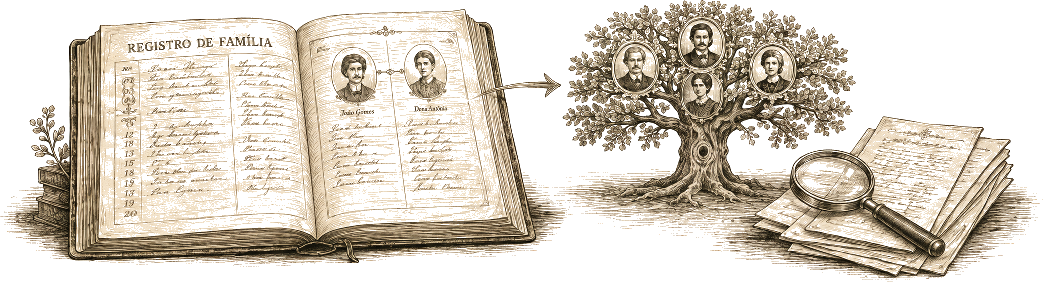 Livro de registros de família se transformando em árvore genealógica e documentos pesquisados