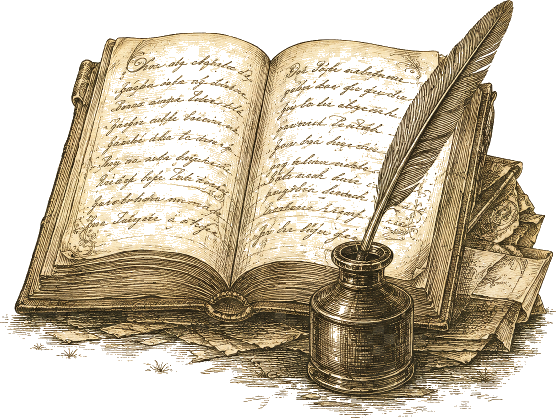 Livro de registros aberto com pena e tinteiro