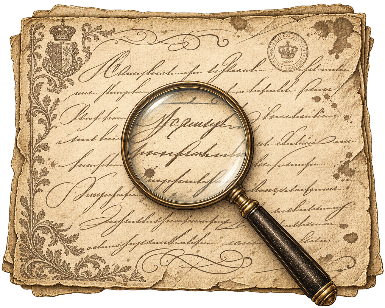 Documento histórico observado por uma lupa