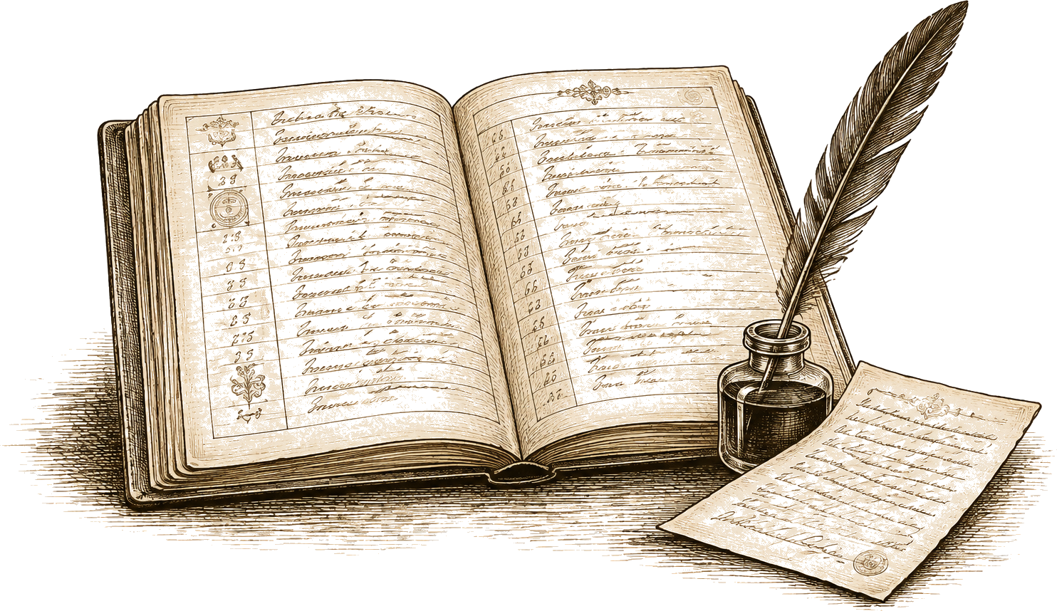 Livro de registros, pena e documento