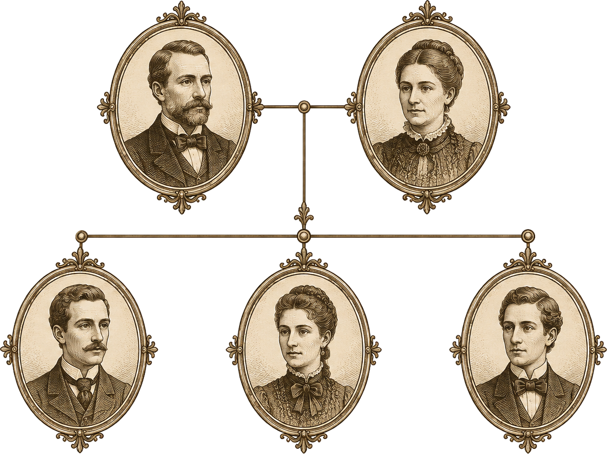 Retratos familiares conectados em uma árvore