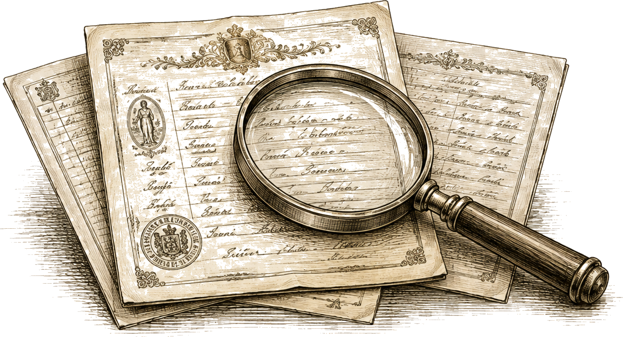 Documentos históricos examinados por uma lupa