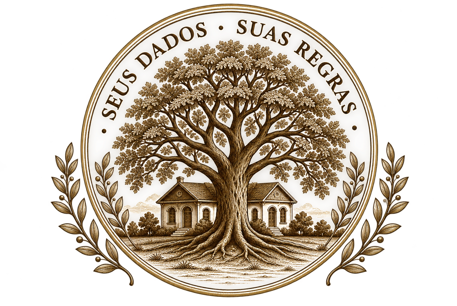 Selo Seus dados, suas regras, com uma árvore entre duas casas