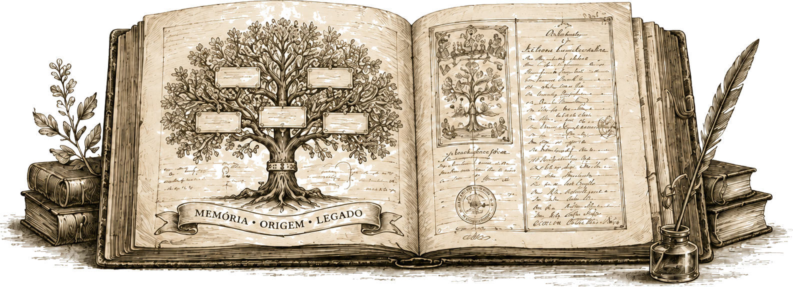 Livro genealógico aberto com árvore familiar, registros e pena