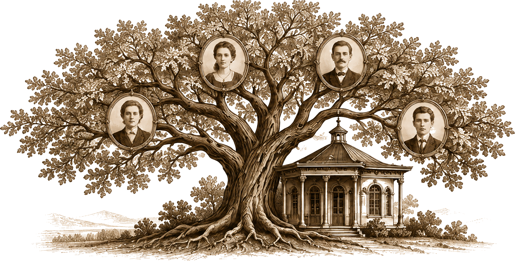 Grande árvore familiar com retratos antigos e uma casa histórica